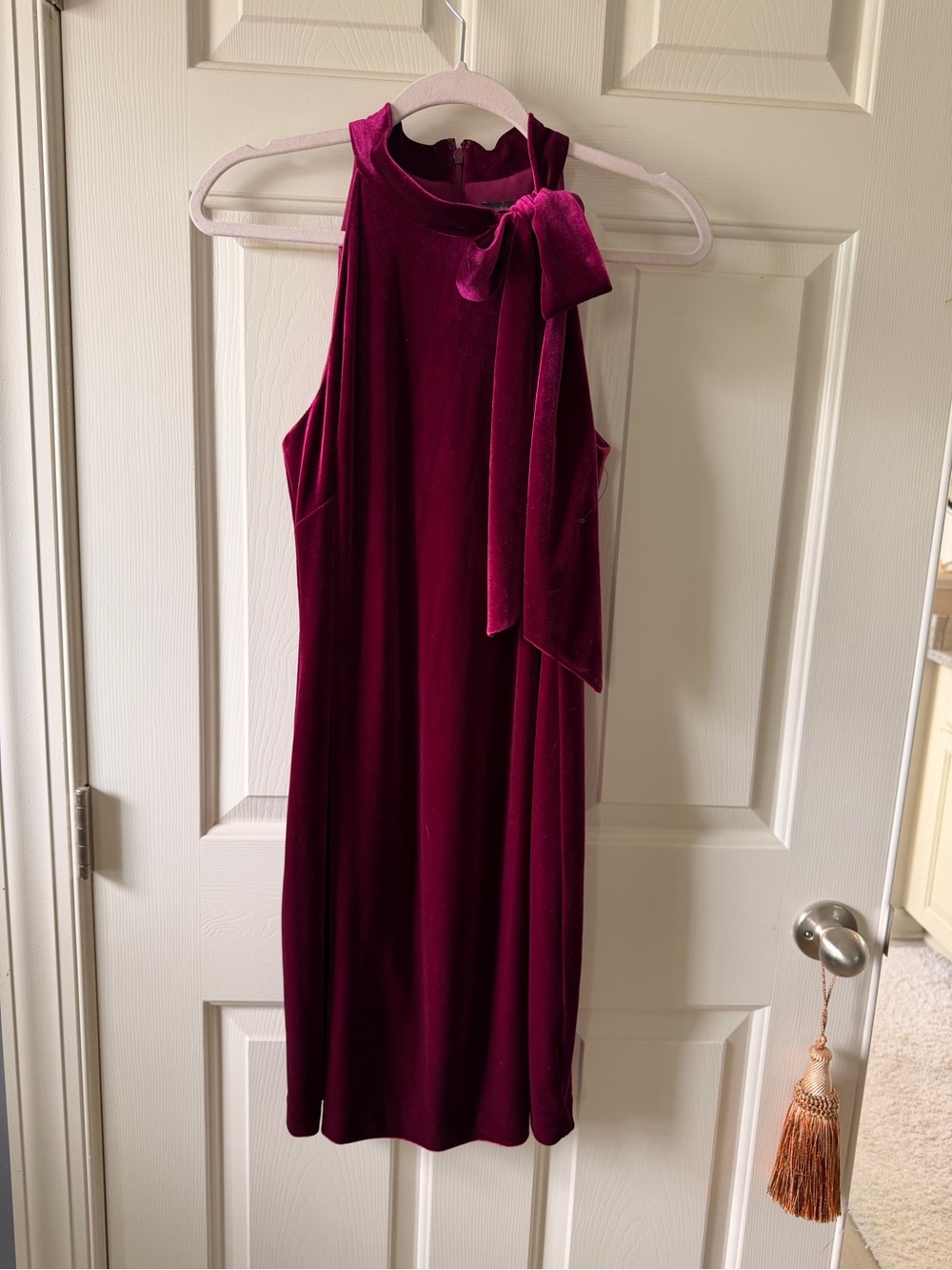 Vince Camuto Velvet Tie-Neck Midi Dress in Burgundy